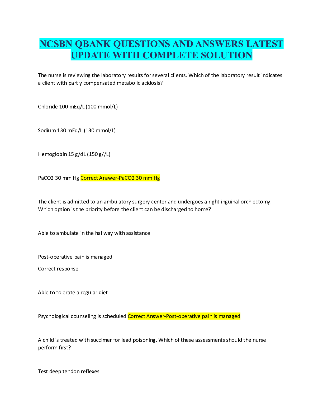 NCSBN QBANK QUESTIONS AND ANSWERS LATEST UPDATE WITH COMPLETE SOLUTION